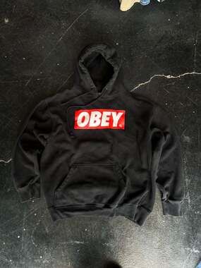 Obey Red Box Logo Black Hoodie Size L